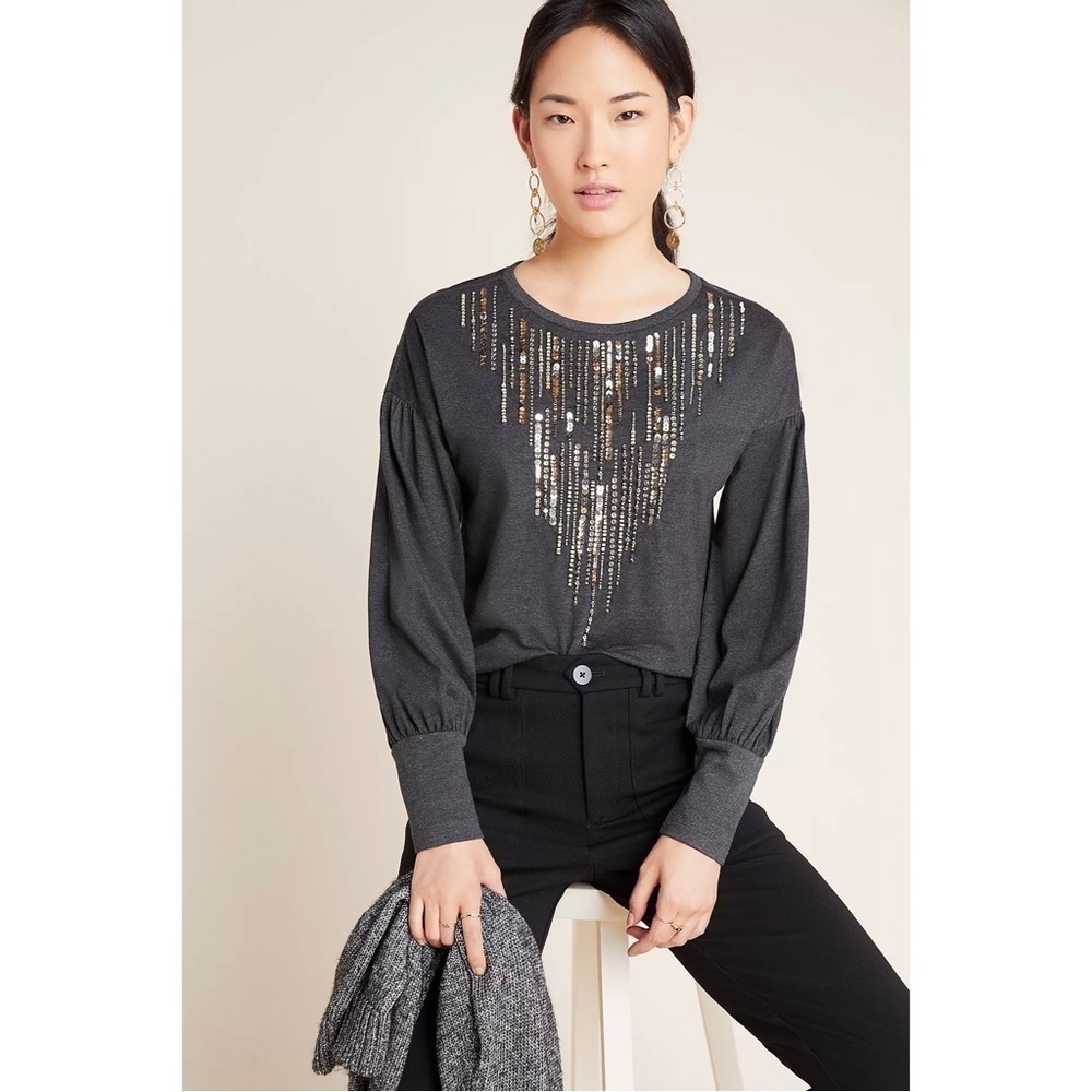 Anthro TINY Chiara Sequined Long Sleeve Top in Charcoal Dark Gray Sz XS